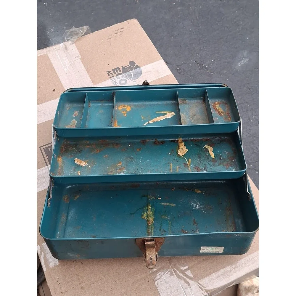 Vintage Union Steel Chest Corp No 5413 Metal Tool Box Teal Blue 2-Tray Patina